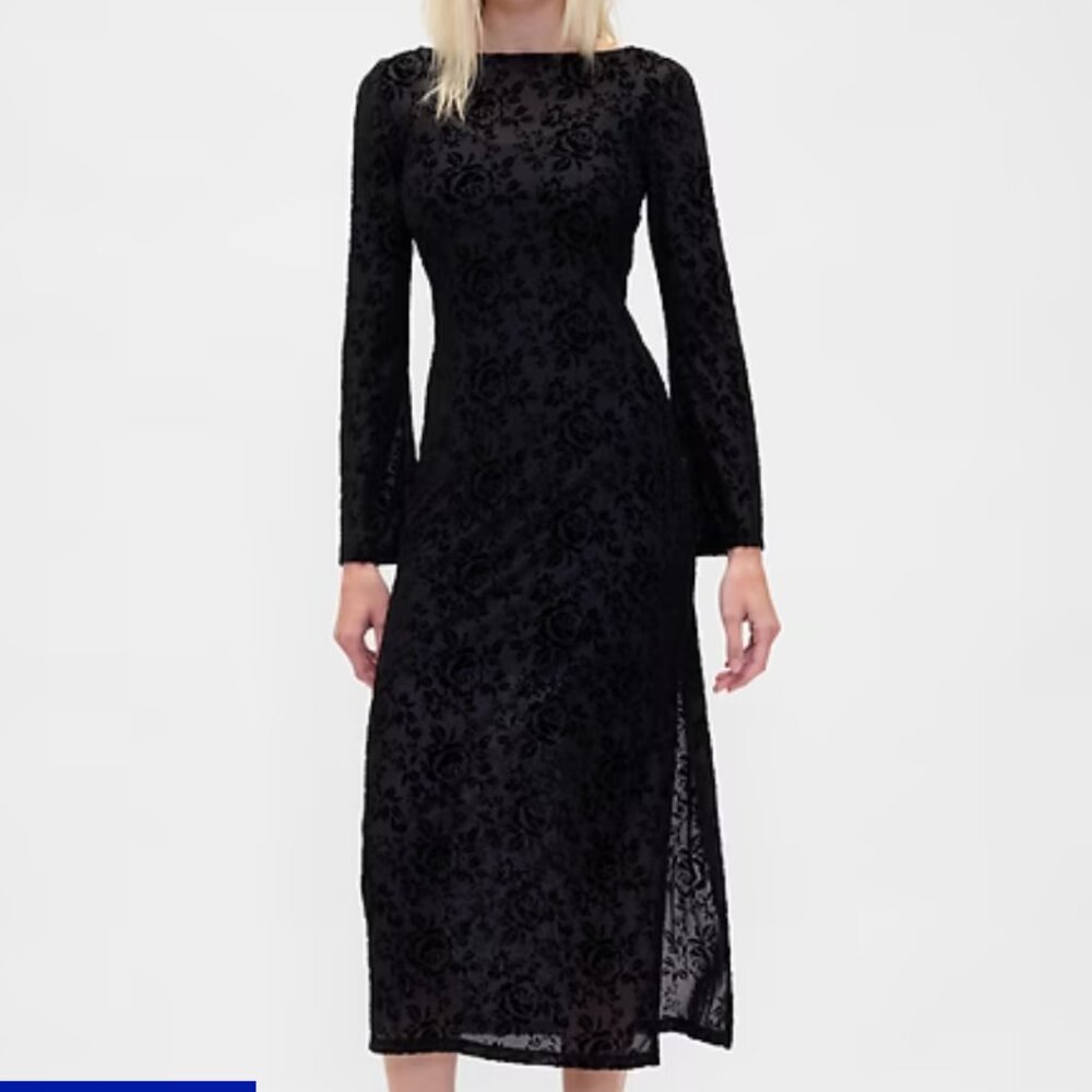 Black Burnout Velvet Bell-Sleeve Midi Dress